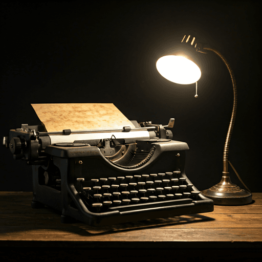 Old typewriter with yellowed parchment in dim studio