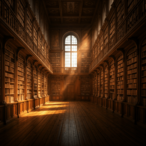 Ancient library with towering shelves and golden light